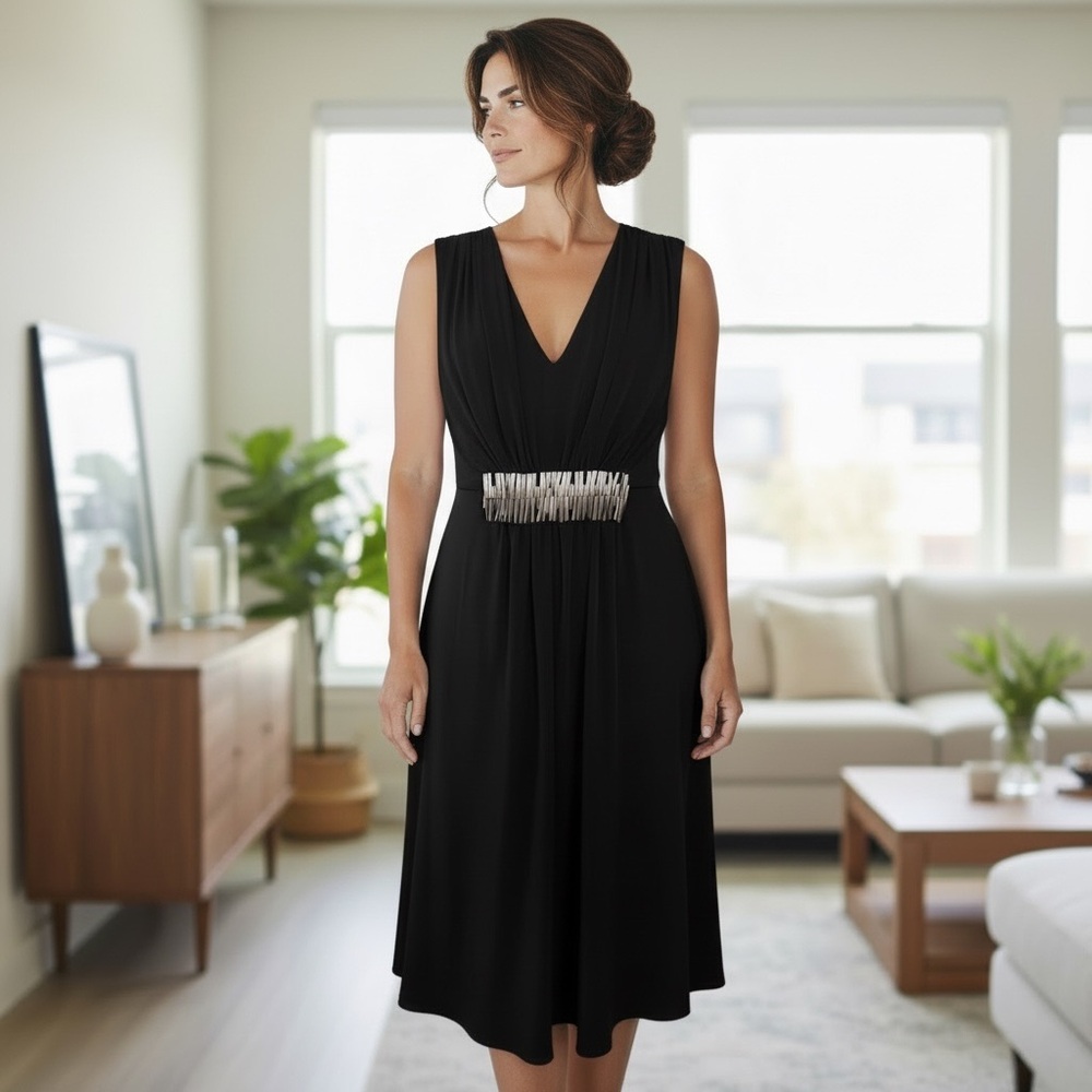 ❤️ Calvin Klein Black Stretch Jersey Dress with Silver Metallic Embellishment